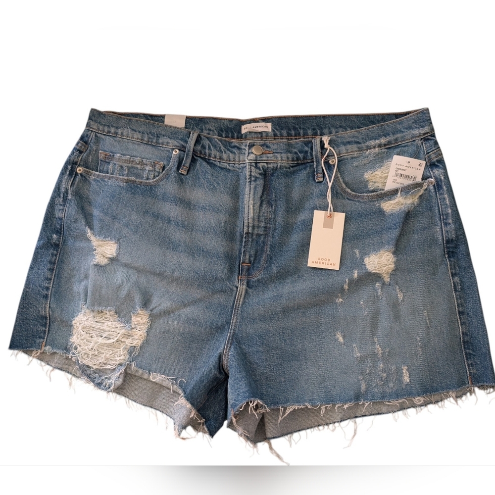 Good American Distressed Blue Denim Jean Shorts